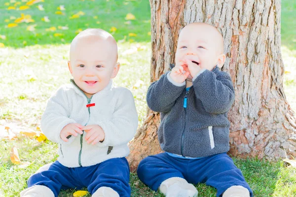 Zwillingskinder sitzen in der Nähe von Baumstamm — Stockfoto