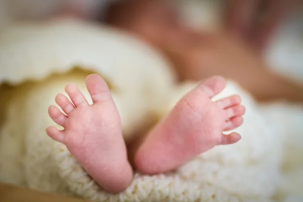 Photo of little newborn baby feet with soft skin and blanket Stock Photo