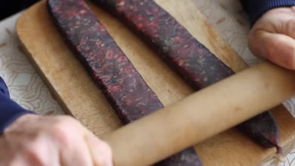 Closeup Man Hands Rolling Homemade Sausages Make Them Flat Drying — Stock Video