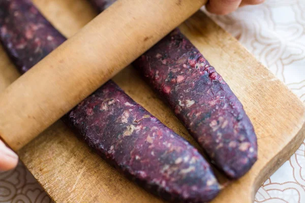 Closeup Man Hands Rolling Homemade Sausages Make Them Flat Drying — Stock Photo, Image