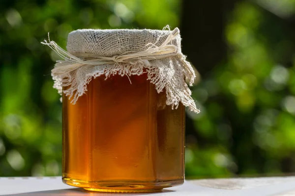 有蜂蜜的罐子在大自然的背景下放在桌上 — 图库照片