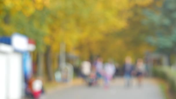 Les gens marchent dans le parc d'automne. La foule des personnes inconnues floue hors de la mise au point pour le fond . — Video