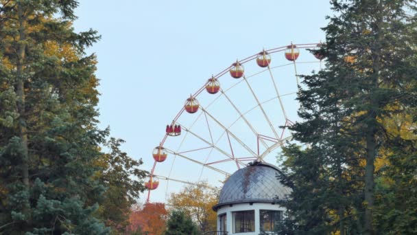 Ferris wheel rotates in a park in the foreground roof observatory — Stock Video