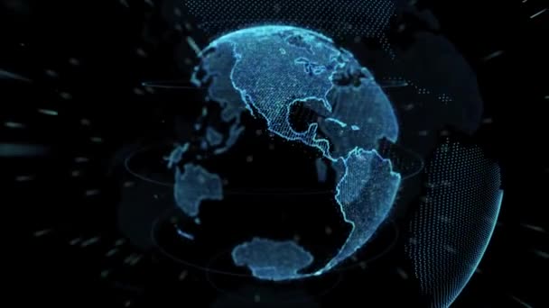 Erde rotierende 4k-Schleife aus rotierenden Punkten stilisierte Weltkugel mit Umlaufbahnen — Stockvideo