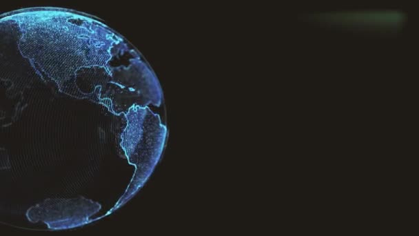회전하며 빛나는 점들로 이루어진 지구 회전하는 고리 복사 공간이 있는 궤도를 가진 지구 — 비디오