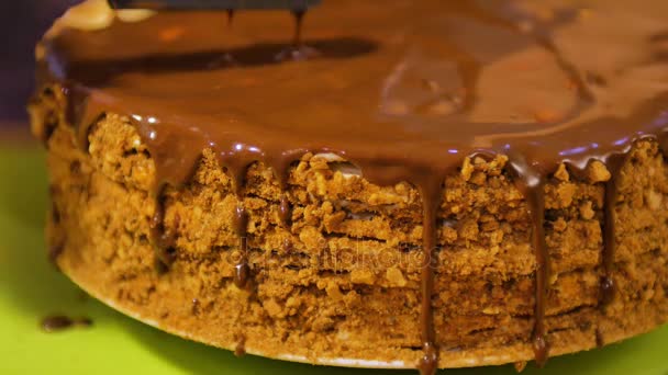 Eine Frau streicht eine Creme auf den gebackenen Teig. weibliche Hand gießt die Schokoladencreme auf den Kuchen und beginnt, sich zu verteilen. — Stockvideo