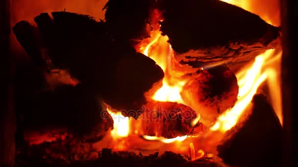 Caminetto caldo pieno di legna e fuoco. Fuoco al rallentatore — Video Stock