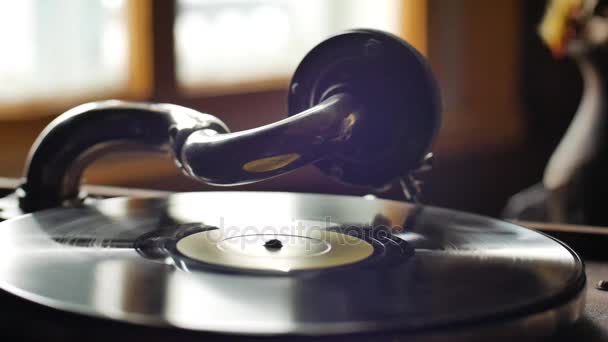 Vieux Gramophone, lecture d'un disque, gros plan Boucle-able Vintage Vidéo — Video