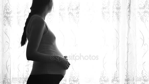 Une femme enceinte caresse doucement son ventre debout à la fenêtre rétro-éclairage noir et blanc style plan moyen — Video