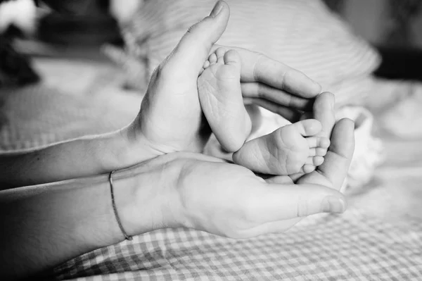 Bebé pies en las manos de los padres — Foto de Stock