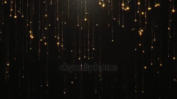 Fallende Goldpartikel flimmern und schimmern vor schwarzem Hintergrund. abstrakter Hintergrund für Modeglamour und Wohlstand Wohlstand Luxus — Stockvideo