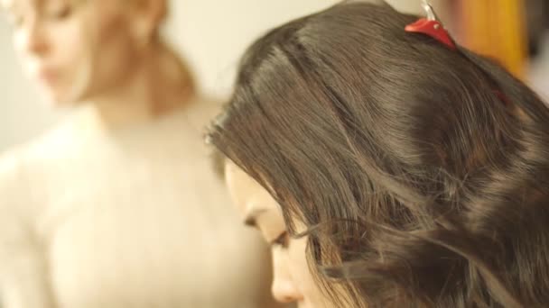 Прическа, парикмахерские руки на работу с помощью лака для волос на клиентах в салоне. Длинные блестящие кудри лежат на спине девушки. Лучи света играют на ее волосах. Профессиональный стиль делает стиль — стоковое видео