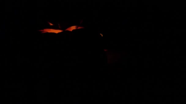Lumières sculptées de citrouille d'Halloween à l'intérieur avec flamme sur un fond noir avec des bougies allumées fermer. ralenti 