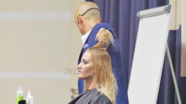 Coiffeur en action. Barbier et clients. modèles de coiffure pour les cheveux blancs. Blonde dans la cabine. Travailler dans la cabine. Barber cisaille client modèle cheveux blancs. gros plan. — Video