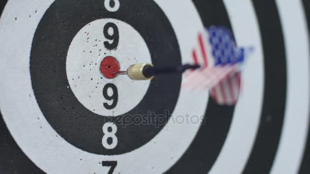 Hitting bulls eye, single shot bulls-eye. Concept of successful business ideas hitting the exact center of the target. Perfect performance of the task and superiority over the rivals. — Stock Video