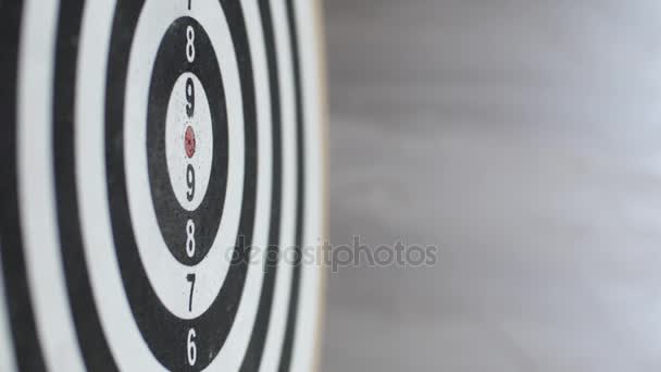 Dart hitting bulls eye, single shot bulls-eye. Concept of successful business ideas hitting the exact center of the target. Perfect performance of the task and superiority over the rivals. — Stock Video