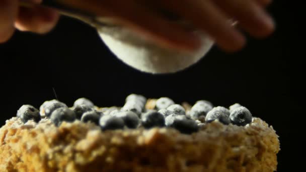 Ein Konditor, der ein köstliches dekadentes Blätterteig-Dessert mit einem Puder aus Zuckerglasur bestäubt und in langsamem Tempo mit Blaubeeren belegt. Der Konditor gießt einen Kuchen aus Zuckerpulver. Süßwaren — Stockvideo