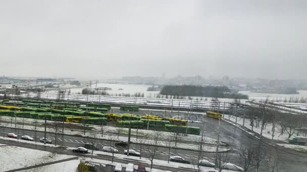 Parada de autobús, estación con autobuses amarillos y verdes. Movimiento del transporte público, alejamiento, lapso de tiempo — Vídeo de stock