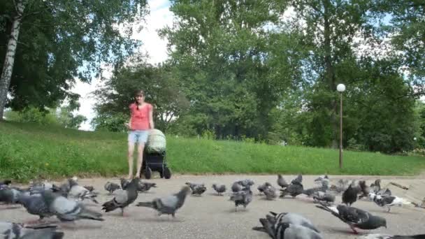 Νεαρή γυναίκα που τρέχει μέσω περιστέρια croud το καλοκαίρι πάρκο αργή κίνηση ευρύ 4k πυροβόλησε — Αρχείο Βίντεο
