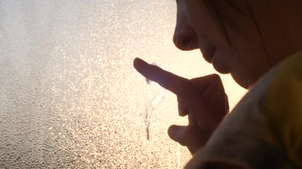 Primo piano di dito femminile che disegna il cuore su finestra umida contro paesaggio di tramonto, amore d'iscrizione, tutti per cancellare. Per toccare la testa alla finestra, rallentare — Video Stock