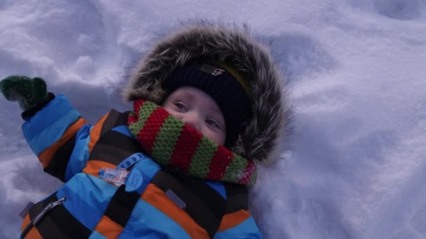 O miúdo está na neve. Fazendo um anjo da neve — Vídeo de Stock