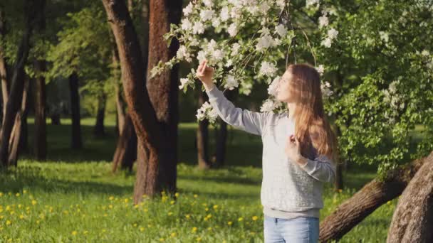 Lycklig flicka gör en selfie foto med en smartphone på bakgrunden av en blommande äppelträd i stadsparken. Begreppet kvinna porträtt fotografi, prylar eller resor. 4k slow motion video. — Stockvideo