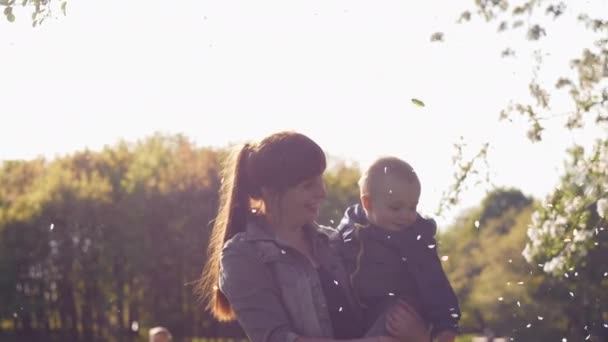 Piękna kobieta ze swoim synkiem ubranym w niebieską kurtkę na rękach patrzy na spadające płatki kwiatów jabłoni w wiosennym, słonecznym parku miejskim z zielonymi drzewami na tle. 4k powolny film wideo. — Wideo stockowe
