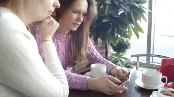 Δύο όμορφες φίλες συζητούν ειδήσεις στα social media από την οθόνη smartphone στο διάλειμμα για καφέ στο cafe με διακοσμητικό δέντρο και μεγάλο παράθυρο στο παρασκήνιο. Κλείσιμο προβολής πορτραίτου λήψη 4k βίντεο — Αρχείο Βίντεο
