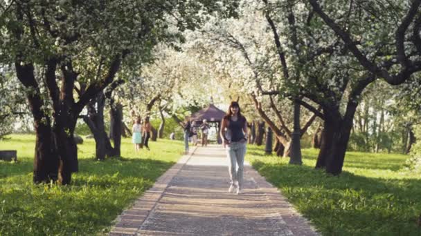 Mladá šťastná žena turista je chůze sama v jarním slunném městském parku s kvetoucími jabloněmi na pozadí. Koncept krásné dívčí víkendové dovolené. 4k zpomalené video. — Stock video