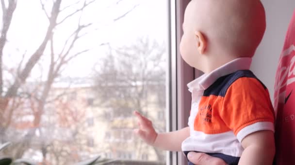 Nahaufnahme eines kleinen Jungen, der am Fenster mit seinem Großvater spielt, auf dem Hintergrund eines Baumes hinter dem Fenster in Zeitlupe 4k Indoor-Video — Stockvideo