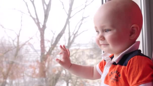 Close up de um menino que olhando para a janela e em torno de si mesmo no fundo de uma árvore atrás da janela em câmera lenta 4K vídeo indoor — Vídeo de Stock