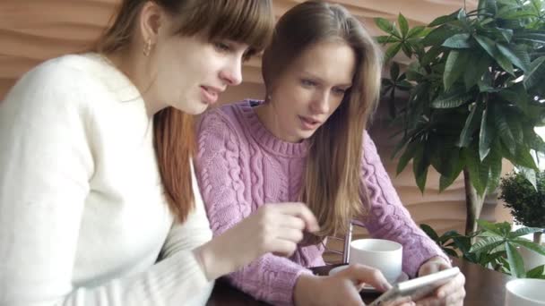 Dos amigas jóvenes están buscando fotos en las redes sociales en el teléfono inteligente, sonriendo felizmente y conversando sobre la pausa para tomar café en el interior de la cafetería con un árbol decorativo en el fondo. Vídeo 4K plano medio . — Vídeos de Stock