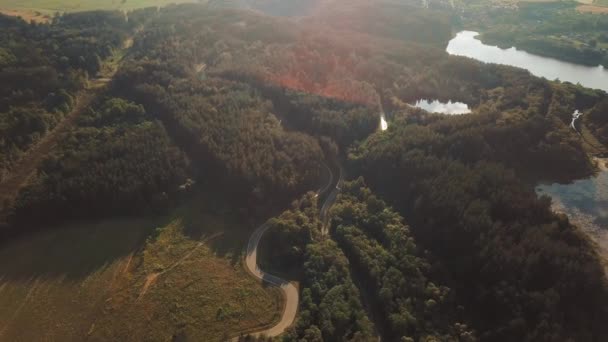 Vídeo panorámico panorámico giratorio de varios lagos rodeados de bosques en un brillante día de verano y una carretera junto a ellos. Drone vista de cámara lenta en vídeo 4K . — Vídeos de Stock