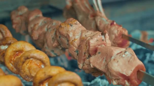 Daging dan jamur yang dipanggang. Makanan lezat. Makanan untuk piknik. — Stok Video