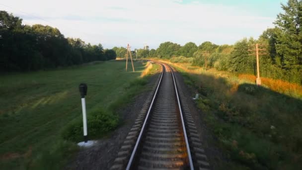 Shooting from high speed train which moving along the railroad in the summer greenery. Railroad travel or railway tourism concept. Slow motion back view 4K video. — Stock Video