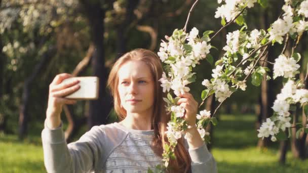 Vacker kaukasiska flicka på en bakgrund av en blommande träd tar en selfie — Stockvideo