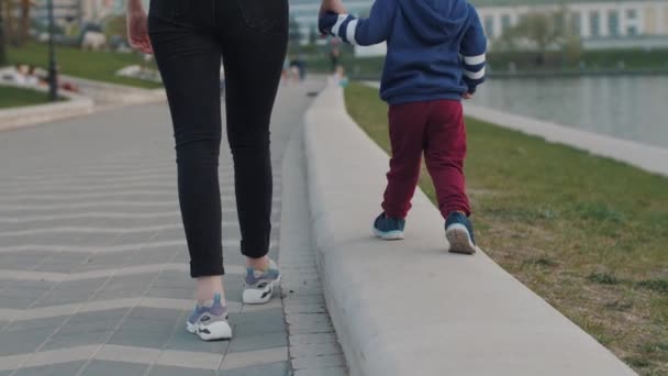 Máma vede dětskou ruku. Matka a syn kráčejí po promenádě. — Stock video