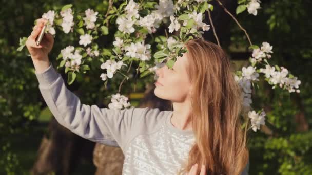 Біла красива дівчина на фоні квітучих дерев робить селфі — стокове відео