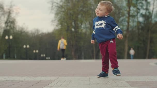 El niño pequeño corre divertido en el parque. Los primeros pasos de los niños . — Vídeos de Stock