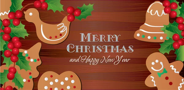 Weihnachtskarte mit Lebkuchen und Stechpalme — Stockvektor