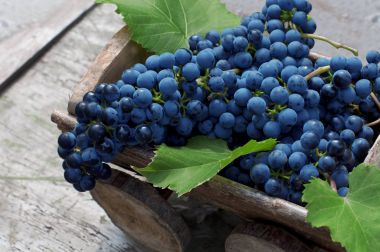 Ahşap sepeti ahşap zemin üzerine mavi üzüm