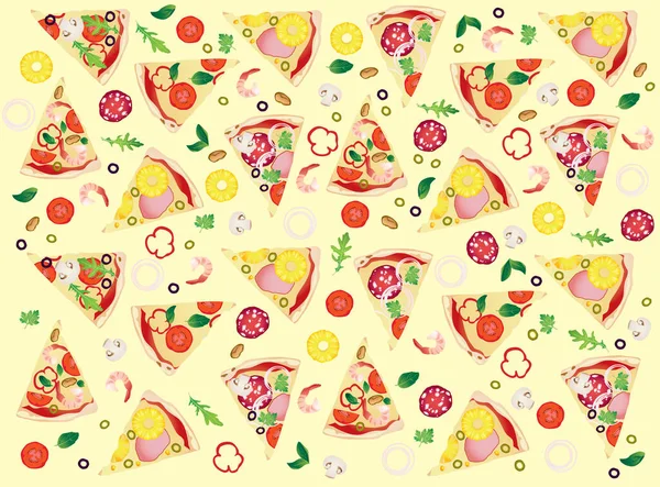 Patrón Con Rebanadas Pizza Ingredientes Diferentes Sobre Fondo Amarillo Claro — Vector de stock