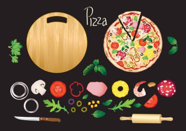 Farklı pizza ve malzemeler, yuvarlak tahta tahta, siyah arka planda merdane ve bıçak.