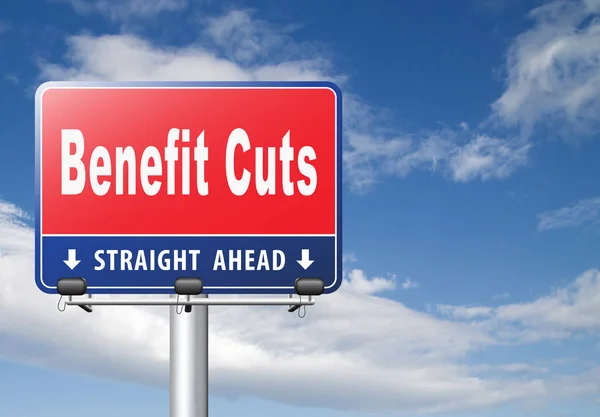 Benefit Cuts Road Sign Cloudy Sky Background — Stock Photo, Image