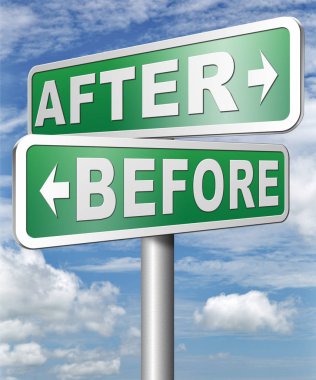 Önce ve sonra işareti bulutlu gökyüzü arka planı Komiteleri