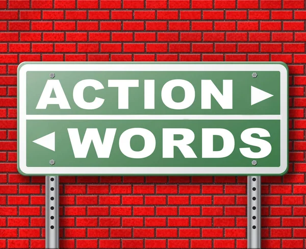 Action Words Road Sign Brick Wall Background — Stock Photo, Image