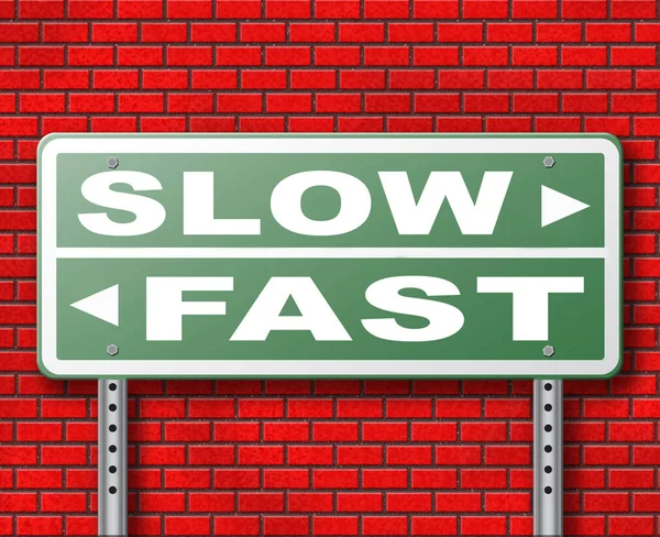 Fast or slow road sign on brick wall background