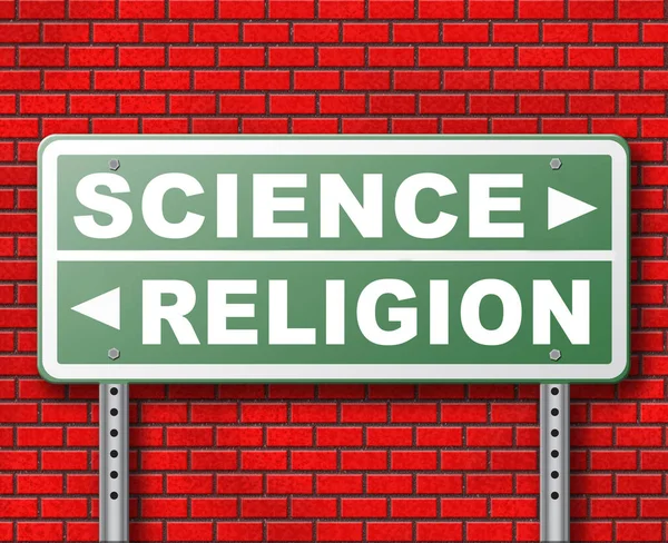 レンガ壁の背景に科学と宗教との道路標識 — ストック写真