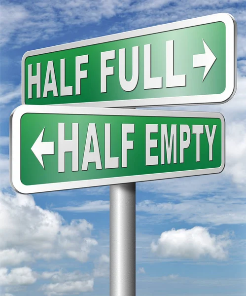 Half full or empty sign boards against cloudy sky background