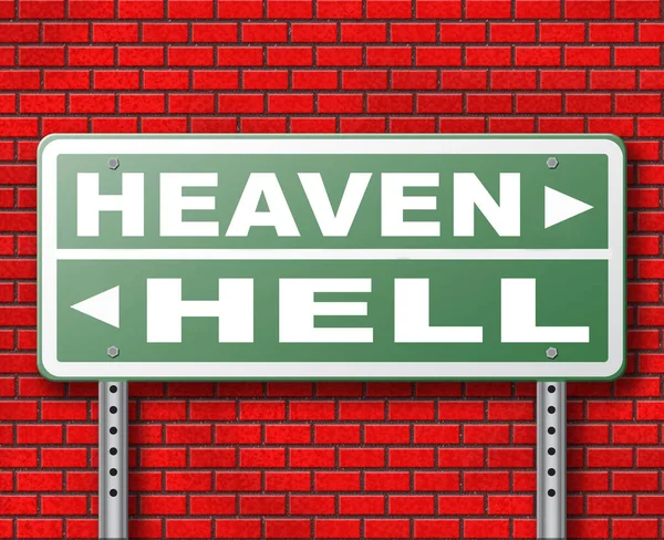 Heaven Hell Road Sign Brick Wall Background — Stock Photo, Image